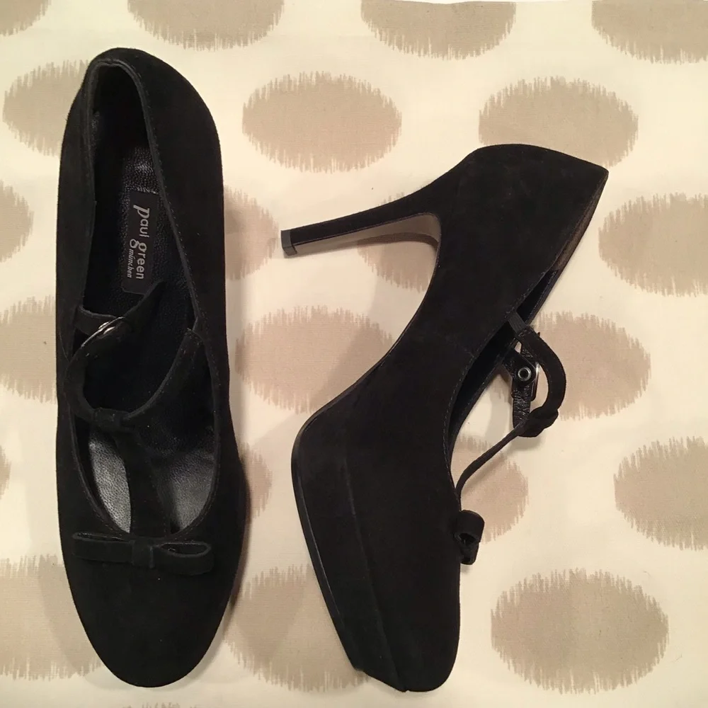 Paul Green‎ Black Suede T-Strap Platform Pumps Sz 8
